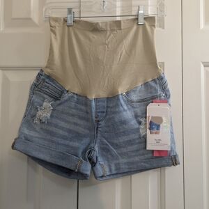 Blue Savvy Maternity Full Panel Roll Cuff Distressed Jean Shorts Size S .